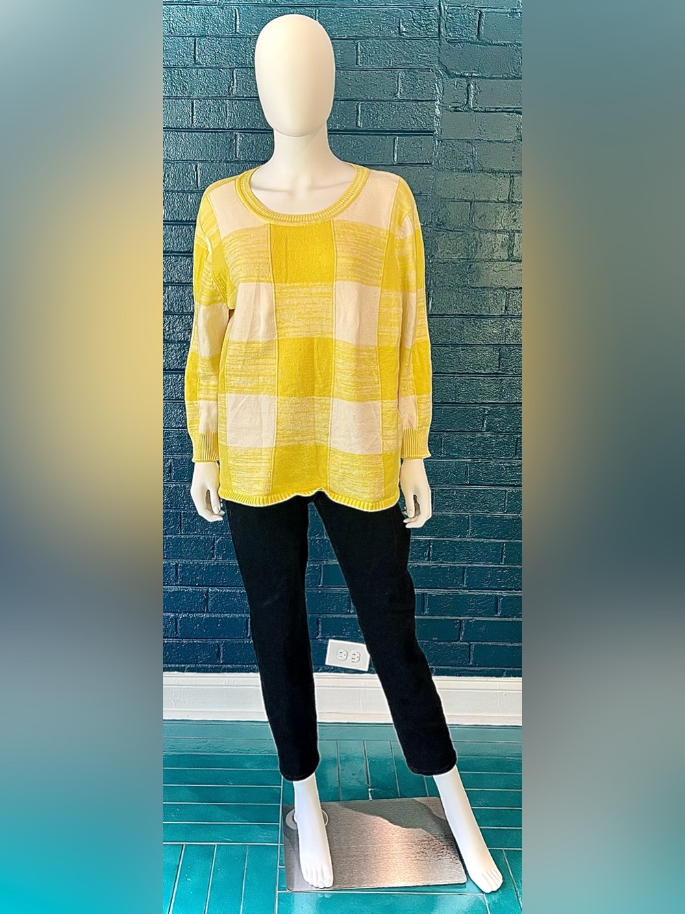 Yellow and Cream Plaid Block Knit Sweater